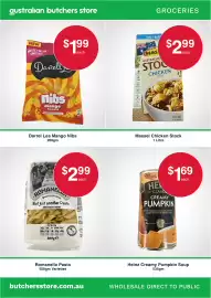 Australian Butchers Store catalogue Page 3: Darrell Le nibs mango flavoured €1,99, Mas Australian Stock Chicken Style €2,99