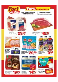 Tabloide Fort Atacadista Página 1: Bovino - coxão mole bouino bífe/ pedaços €45,98, Seara - filé de tilápia iqf600g €29,90
