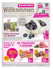 Sutterlüty Flugblatt woche 34 Seite 1: Österreichischer Schweinebauch ohne Knochen €6,99