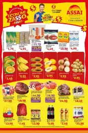 Encarte Assaí Atacadista Página 1: Coxas com sobrecoxas de frango congeladas bonasa €7,49, Mamão-formosa €2,95
