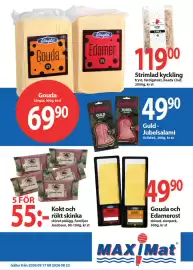 MaxiMat Svinesund kundeavis uke 34 Side 2: Familjen Jacobsen kokt och rökt skinka €55,00, Lingia Gouda och Edamerost €49,90