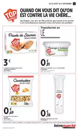 Catalogue Intermarché page 11: TOP BUDGET Pavés de Saumon €3,00, TOP BUDGET Cacahuètes €0,69