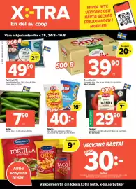Coop Extra reklamblad vecka 35 Sida 1: Svenskt smör €39,90, Kycklinglårfilé €49,90