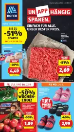 Hofer Flugblatt woche 34 Seite 1: Kleinkinder-/Kinder-Hausschuhe €2,99, Sonnhof Mageres Faschiertes €2,69