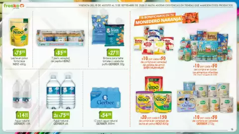 Folleto Fresko Página 16: Gerber - agua natural €54,50, Nido - leche en polvo forticrece €73,50