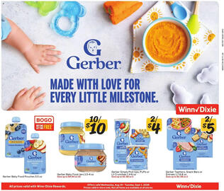 Winn Dixie weekly ad Page 6: Gerber baby food jars €10,00, Gerber Simply Pick-Ups, Puffs or Lil Crunchies €4,00