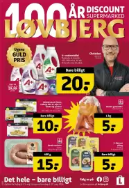 Løvbjerg tilbudsavis uge 34 Side 1: Rahbek snack fileter €10,00, A+ vaskemiddel €20,00