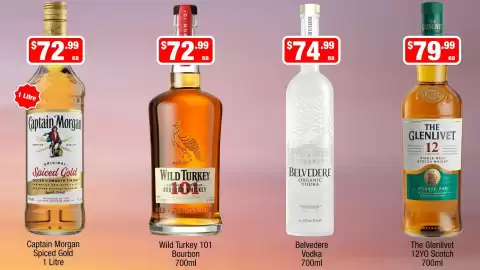 Liquor Stax catalogue week 34 Page 11: The Glenlivet 12YO Scotch €79,99, Captain Morgan Spiced Gold €72,99