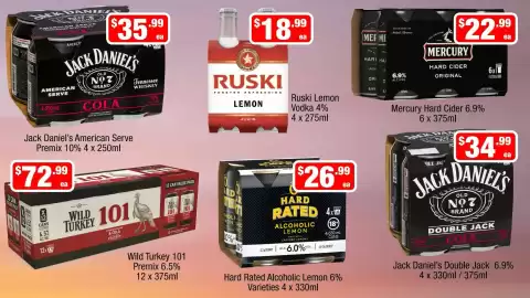Liquor Stax catalogue week 34 Page 13: Jack Daniel's American Serve Premix €35,99, Wild Turkey 101 Premix €72,99