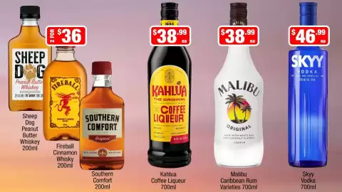 Liquor Stax catalogue week 34 Page 8: Malibu Caribbean Rum Varieties €38,99, Kahlua Coffee Liqueur €38,99