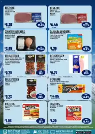 Bestway leaflet week 34 Page 8: Rustlers quarter pounder €1,95, Delicatessen hot & spicy meatballs €0,79