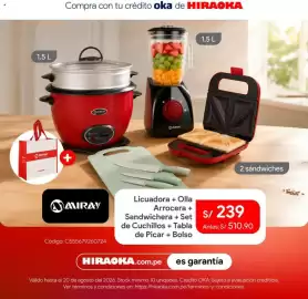 Catálogo Hiraoka Página 3: Miray licuadora + olla arrocera + sandwichera + set de cuchillos + tabla de picar + bolso €239,00