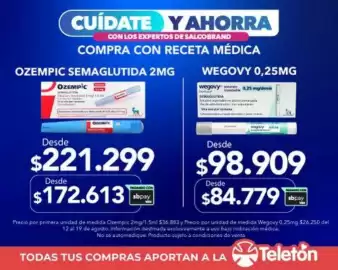 Catálogo Salcobrand Página 2: Ozempic €221.299,00, Wegovy 0.25mg 0.8kg €98.909,00