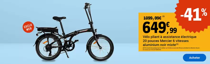 Catalogue E.Leclerc Sport page 6: Mercier - vélo pliant assiátance electrique 20 piques merchiné 6 fitnesses €649,99