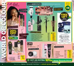 Dis-Chem catalogue Page 4: L.A.Girl Nudes Eyeshadow Palette €256,50, L.A.Girl Pro Prime Eyeshadow Primer €211,50