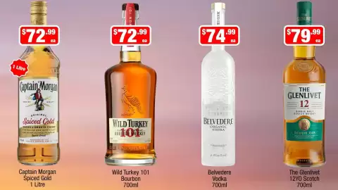Liquor Stax catalogue Page 11: The Glenlivet 12YO Scotch €79,99, Captain Morgan Spiced Gold €72,99