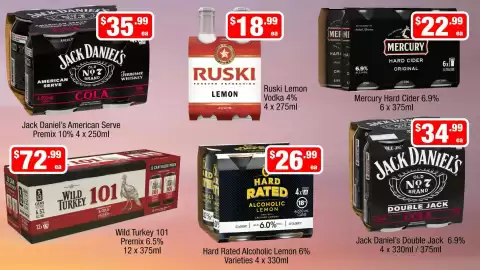 Liquor Stax catalogue Page 13: Jack Daniel's American Serve Premix €35,99, Wild Turkey 101 Premix 6.5% €72,99