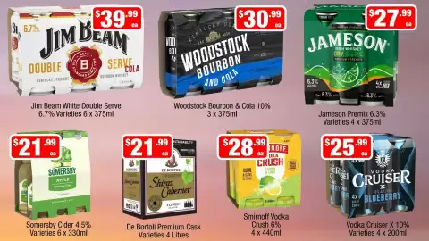 Liquor Stax catalogue Page 14: Jim Beam White Double Serve €39,99, Woodstock Bourbon & Cola €30,99