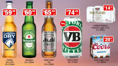 Liquor Stax catalogue Page 3: Carlton Dry Lower Carb €59,99, Victoria Bitter €74,99