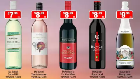 Liquor Stax catalogue Page 4: McGuigan Black Label Varieties €8,99, De Bortoli The Astronomer Varieties €8,99