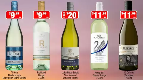 Liquor Stax catalogue Page 5: Houghton White Classic €11,99, Lake Road Estate Sauvignon Blanc Varieties €20,00