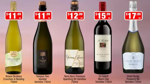 Liquor Stax catalogue Page 6: Brown Brothers Crouchen & Riesling €11,99, Yarra Burn Premium Sparkling NV Varieties €12,99