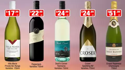 Liquor Stax catalogue Page 7: Devil's Corner Tasmania Varieties €24,99, Villa Maria Private Bin Range Varieties €17,99