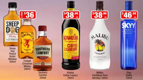 Liquor Stax catalogue Page 8: Malibu Caribbean Rum Varieties €38,99, Kahlua Coffee Liqueur €38,99