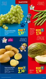 Catalogue Lidl semaine 35 page 3: Melon vert €1,18, Raisin blanc Bio sans pépins €1,97