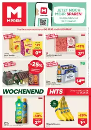 MPreis Flugblatt woche 35 Seite 1: Zipfer Märzen Kiste €14,80, Chiquita Bananen €1,79