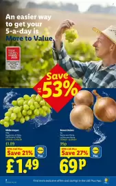 Lidl leaflet week 35 Page 2: Brown Onions €0,69, White Grapes €1,49