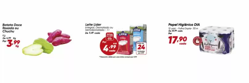Tabloide Dia Página 1: Lider - leite €5,69, Batata doce rosada ou chuchu €3,99