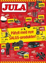 Jula kundeavis Side 1: Batteridrevet motorsag 18 V 2,5 Ah 8”/20 cm €1.999,00, Grovstøvsuger 30 l 1600 W, Medlemspris