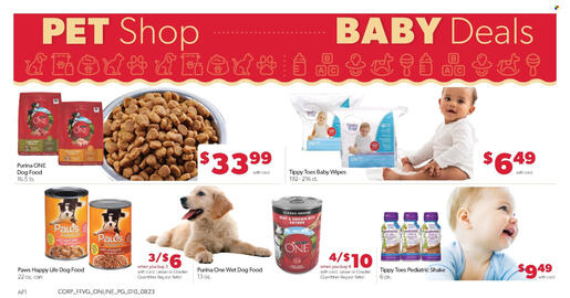 Family Fare weekly ad week 35 Page 14: Purina ONE Dog Food €33,99, Tippy Toes Baby Wipes €6,49