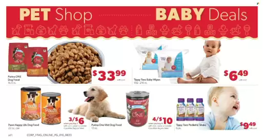 Family Fare weekly ad week 35 Page 14: Purina ONE Dog Food €33,99, Tippy Toes Baby Wipes €6,49