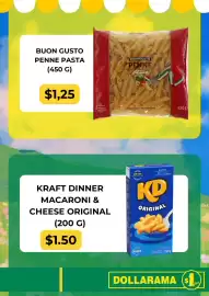 Dollarama flyer Page 2: Kraft dinner macaroni and cheese original €1,50, Buon gusto penne pasta €1,25