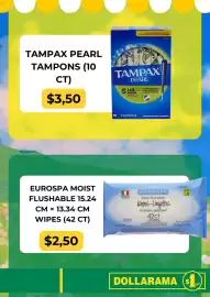 Dollarama flyer Page 4: Tampax pearl tampons €3,50, Eurospa moist flushable wipes €2,50