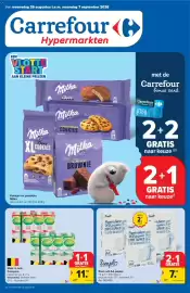 Carrefour folder Pagina 1: Melk in brik Campina €11,59, Riem wit A4-papier €7,38