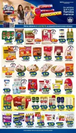 Encarte Bramil Supermercados Página 1: Arroz prato fino branco €27,99, Leite godam/ piracanjuba desnatado/ semi unid. €5,39