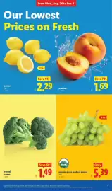 Lidl weekly ad week 35 Page 7: Organic green seedless grapes €5,39, Broccoli crowns €1,49