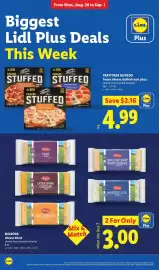Lidl weekly ad week 35 Page 8: Trattoria alfredo frozen cheese stuffed crust pizza €4,99, Milbona cheese block €3,00