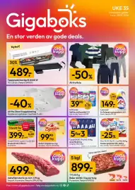 Gigaboks kundeavis uke 35 Side 1: Indrefilet storfe ca. 0,9–1,79 kg €499,00, Softlan skyllemiddel 1,7 l €39,90