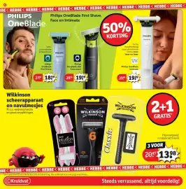 Kruidvat folder Pagina 24: Wilkinson scheerapparaat en navulmesjes €13,98, Philips OneBlade First Shave €18,99
