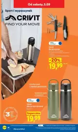 Lidl gazetka tydzień 36 Strona 54: Bidon ze stali szlachetnej Crivit €19,99, Nóż z krzesiwem Crivit €19,99
