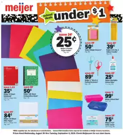 Meijer weekly ad Page 1: Meijer 8 Ct. No. 2 Yellow Pencils €0,39, Select Meijer Erasers €0,50
