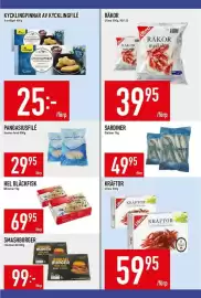 Matdax reklamblad vecka 35 Sida 15: Miramar hel bläckfisk €69,95, Kronfågel kycklingpinnar av kycklingfilé €25,00