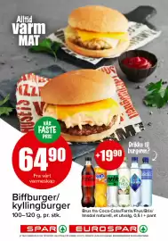 Spar kundeavis Side 7: Biffburger/kyllingburger €64,90, Brus fra Coca-Cola/Farris/Frus/Bris/Imsdal naturell, et utvalg €19,90
