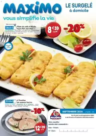 Catalogue Maximo page 1: 4 tranches de saumon farci €12,99, Filets de colin d'alaska facon fish and chips €8,39