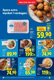 Lidl reklamblad vecka 36 Sida 3: Poseidon Varmrökt lax €119,00, Matriket Fläskfärs €59,90