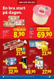 Lidl reklamblad vecka 36 Sida 5: Matriket Svensk hushållsost €69,90, GODMORGON Apelsinjuice €49,90